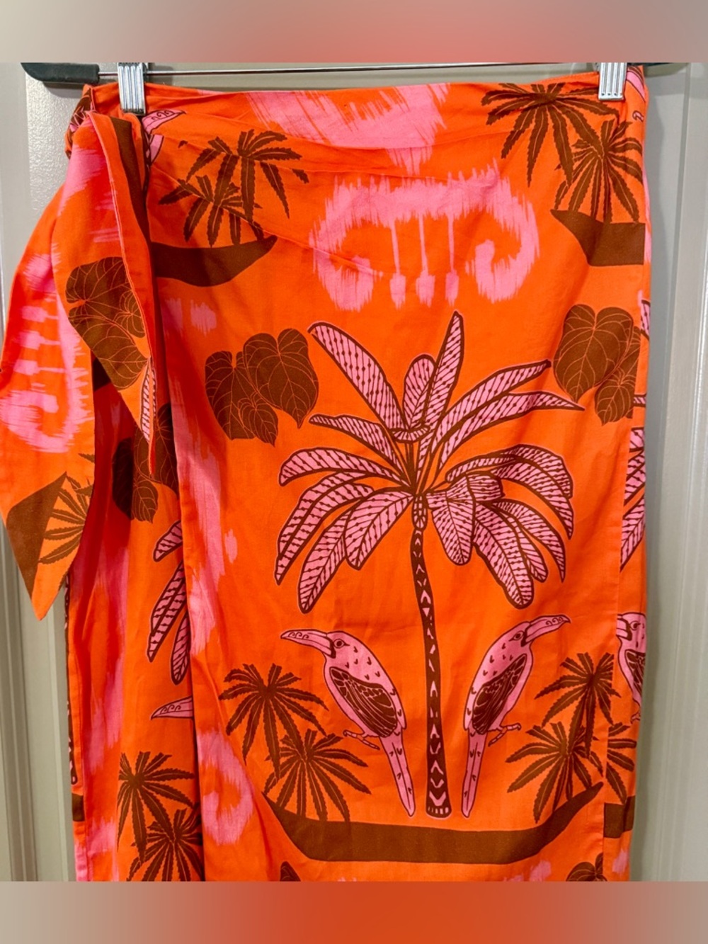 Culthera Grenadine Pareo Wrap Skirt Orange Pink Palm Toucan Ikat Print Cotton L - Picture 5 of 9
